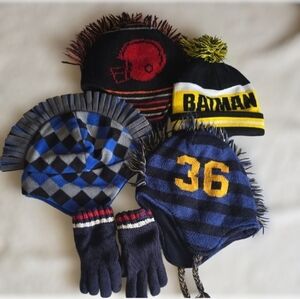 Winter Kids Hat & Glove Lot - 4 Piece Batman, Football, Mohawk Styles Size 4/7